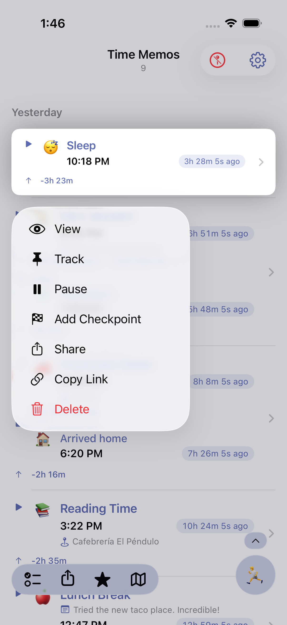 Long-press menu showing Track option to start Live Activity